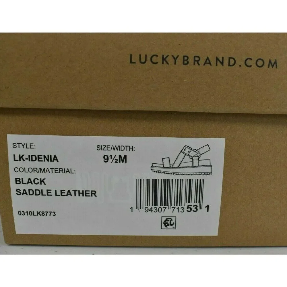 Lucky Brand Women Size 9.5 Idenia Wedge Strappy Black Saddle Leather Sandal Shoe